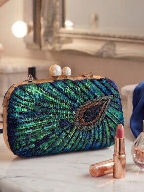 Peacock Sequin Beaded Clutch Pearl Clasp Evening Bag Wedding Party Mermaidcore